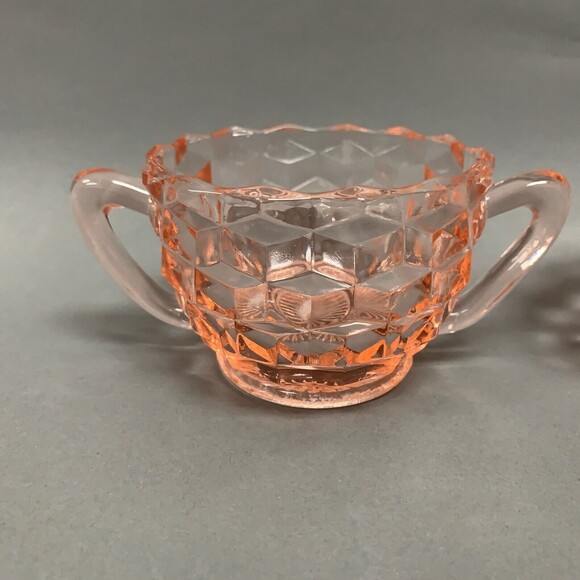 Jeanette Cube Depression Glass Pink Clear Creamer Mini Open Sugar Bowl - Picture 3 of 7